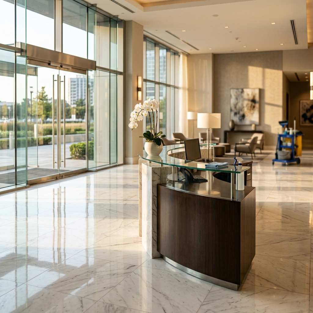 Lobby corporativo impecable — limpieza profesional de espacios